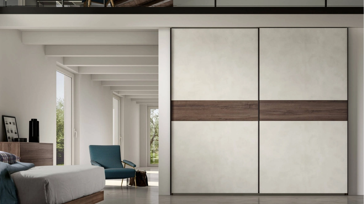 Armadio Power 06 finitura effetto cemento Namib ed inserto Rovere Cotto di Trentanove
