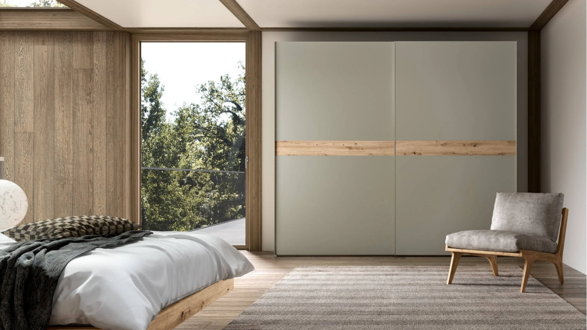 Armadio Power 09 in laccato opaco Grigio Verde con inserto Rovere Nodato di Trentanove