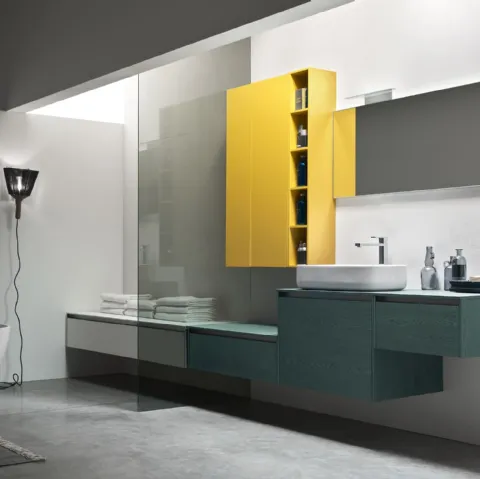 Mobile da Bagno sospeso in Rovere Segale con pensile laccato Giallo opaco Escape 33 di Arcom