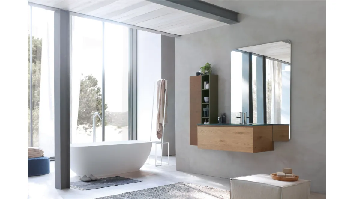 Mobile da Bagno sospeso La Fenice 12 in rovere nodato naturale con top in cristallo extralight Verde bosco con lavabo integrato di Arcom