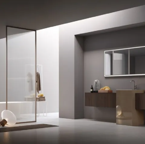Mobile da Bagno a terra Pollock 63 in Eucalipto con lavabo in gres lucido di Arcom