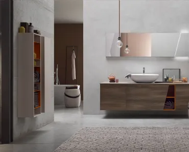 Mobile da Bagno sospeso in Olmo marrone con vano a giorno laccato Mattone opaco E-Ly 77 di Arcom