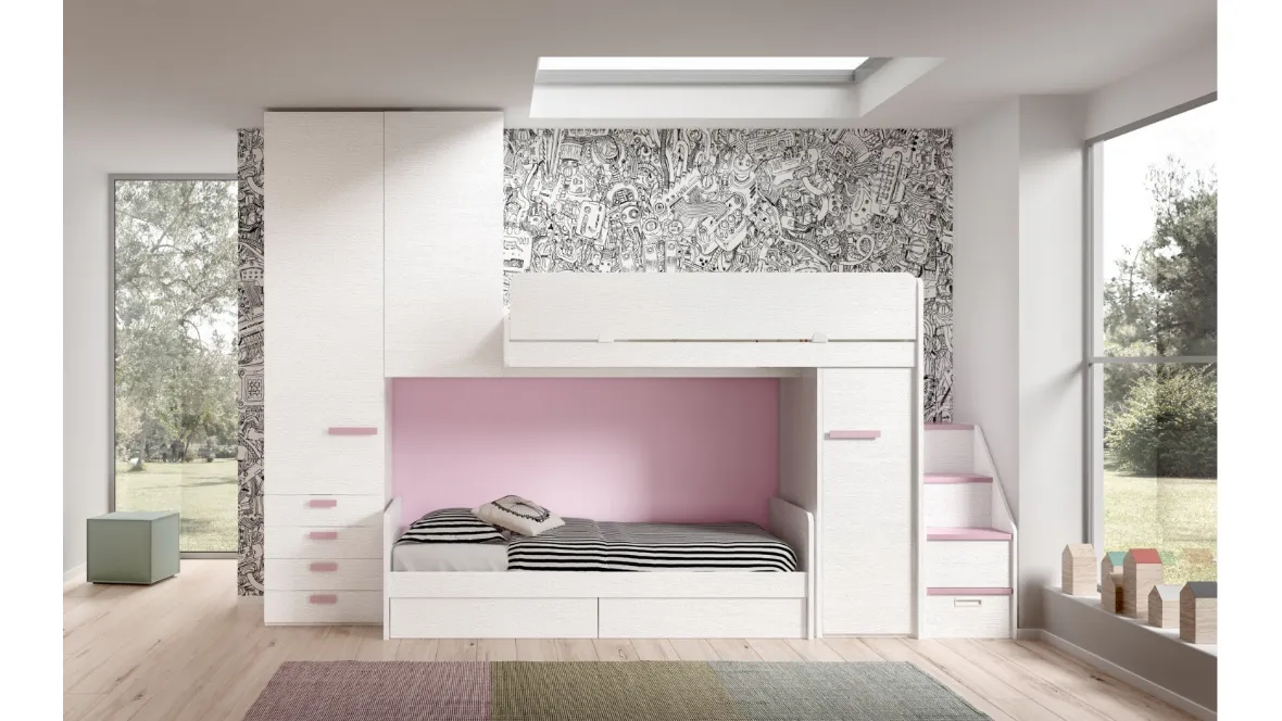 Camera finitura Bianco e Rosa con soppalco Room 171 di Zg Mobili