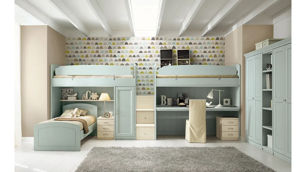 Cameretta in legno finitura Azzurro fiordo a soppalco N16 Nuovo Mondo con tre letti di Scandola