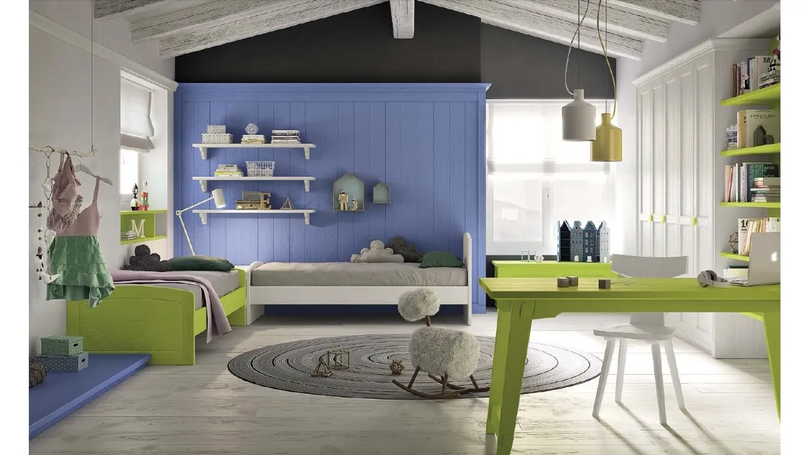 Cameretta colorata Liberiamo la Fantasia N23 in legno laccato Blu oltremare, Lime e Bianco gesso di Scandola