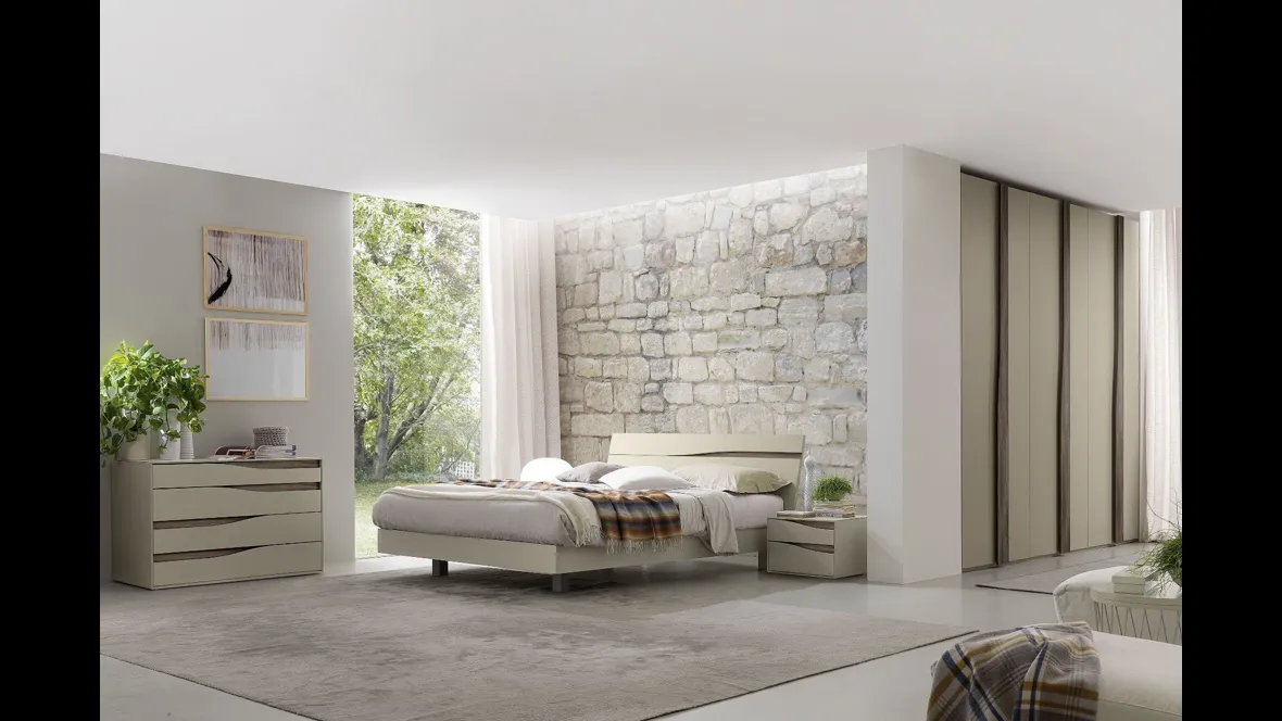 Letto in finitura creta e olmo dark con testiera con luce a led Infinity Eros di S75