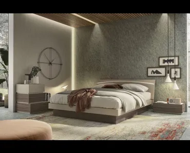 Letto con testiera illuminata a led in finitura beige e olmo dark Moon Led di S75
