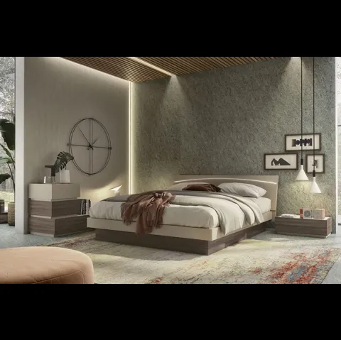 Letto con testiera illuminata a led in finitura beige e olmo dark Moon Led di S75