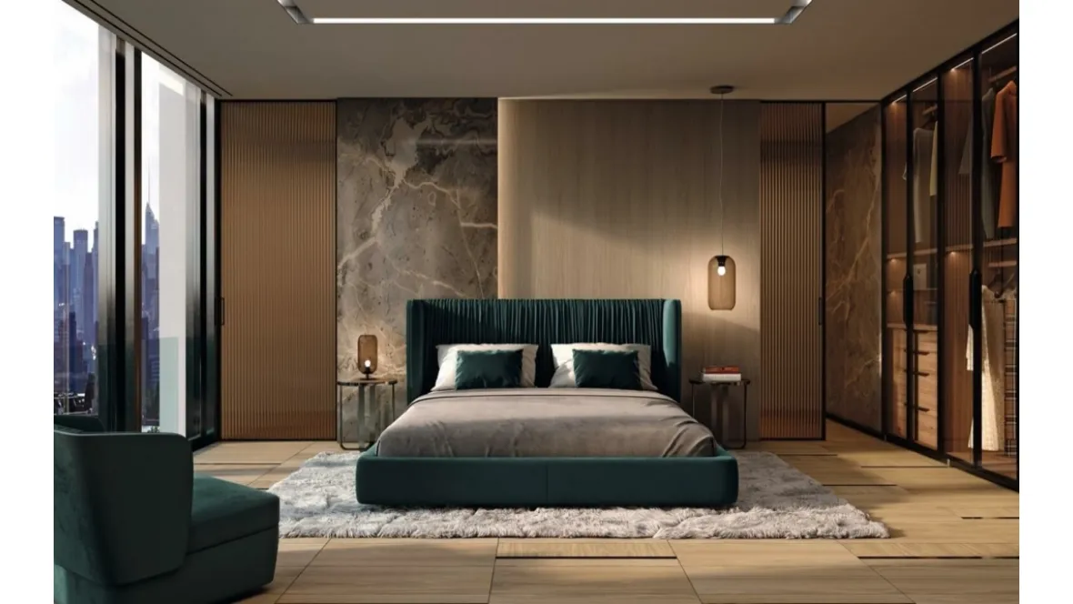 Letto con testiera in tessuto imbottito e plissettato Principe Sharpei di Arte Brotto