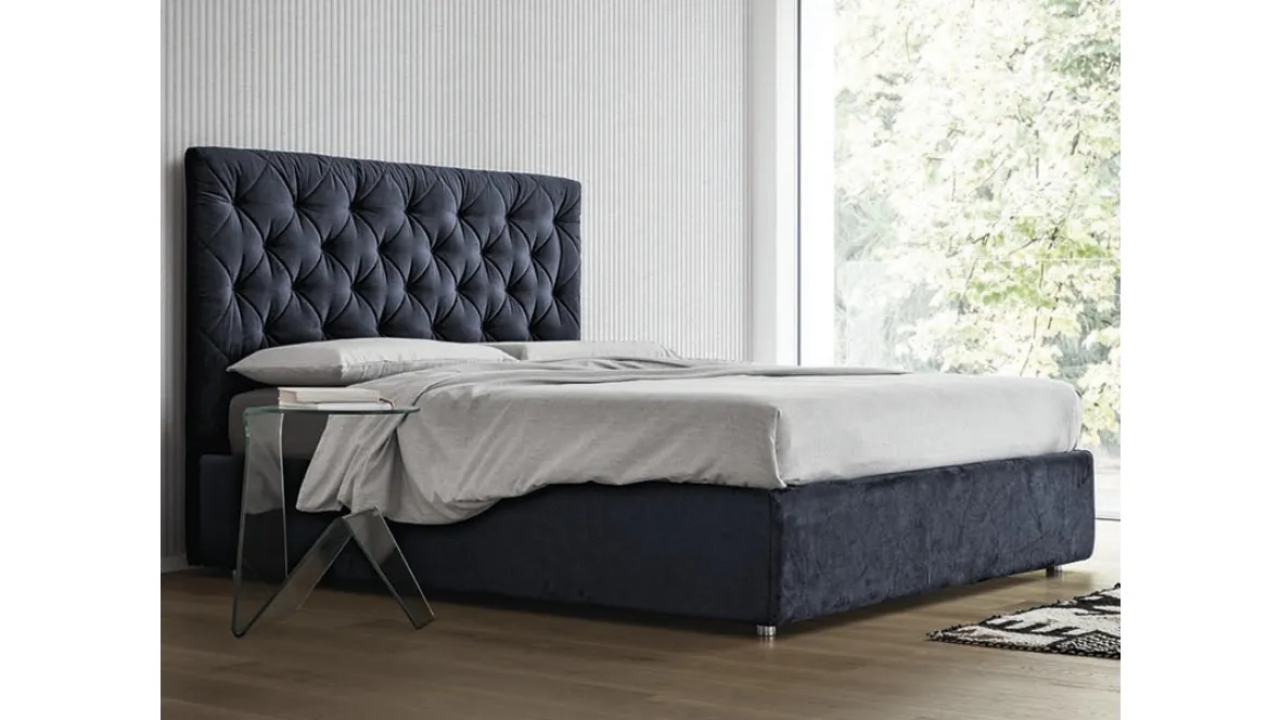 Letto in tessuto con testiera trapuntata e box contenitore Morfeo di Rigosalotti