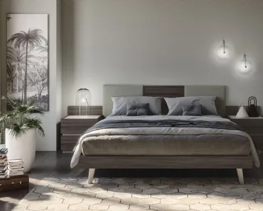 Letto in tessuto e melaminico olmo dark con testiera Jolly con 2 pannelli imbottiti di S75