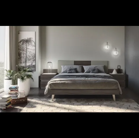 Letto in tessuto e melaminico olmo dark con testiera Jolly con 2 pannelli imbottiti di S75