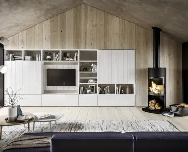 Parete Attrezzata in legno bianco gesso e laccato bianco Maestrale 04 di Scandola