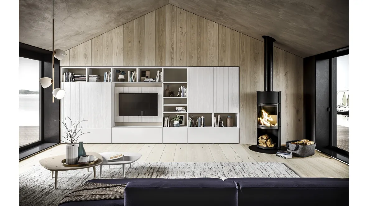 Parete Attrezzata in legno bianco gesso e laccato bianco Maestrale 04 di Scandola