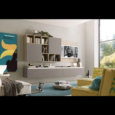 Parete Attrezzata sospesa nelle finiture grigio Londra e olmo light Soft Futura 03 di S75