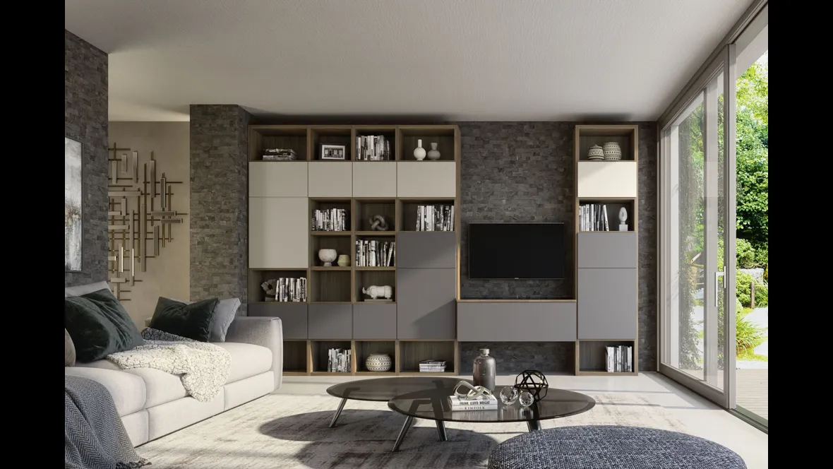 Parete Attrezzata in finitura beige e grey Supreme Ingrid Noce 01 di S75