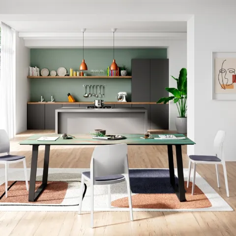 Tavolo Otto con base in tubolare metallico rettangolare e top in laminato di Pointhouse