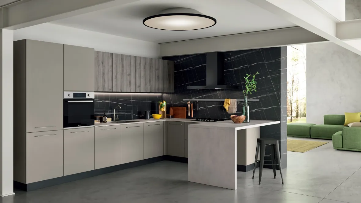 Cucina Moderna ad angolo in laccato opaco e finitura quercia Easy 006 di Ar-due