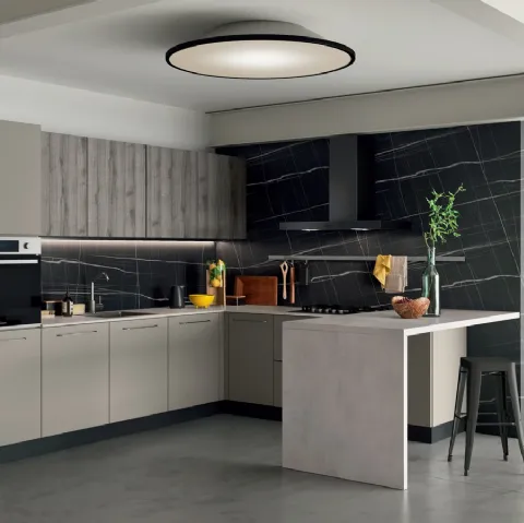 Cucina Moderna ad angolo in laccato opaco e finitura quercia Easy 006 di Ar-due