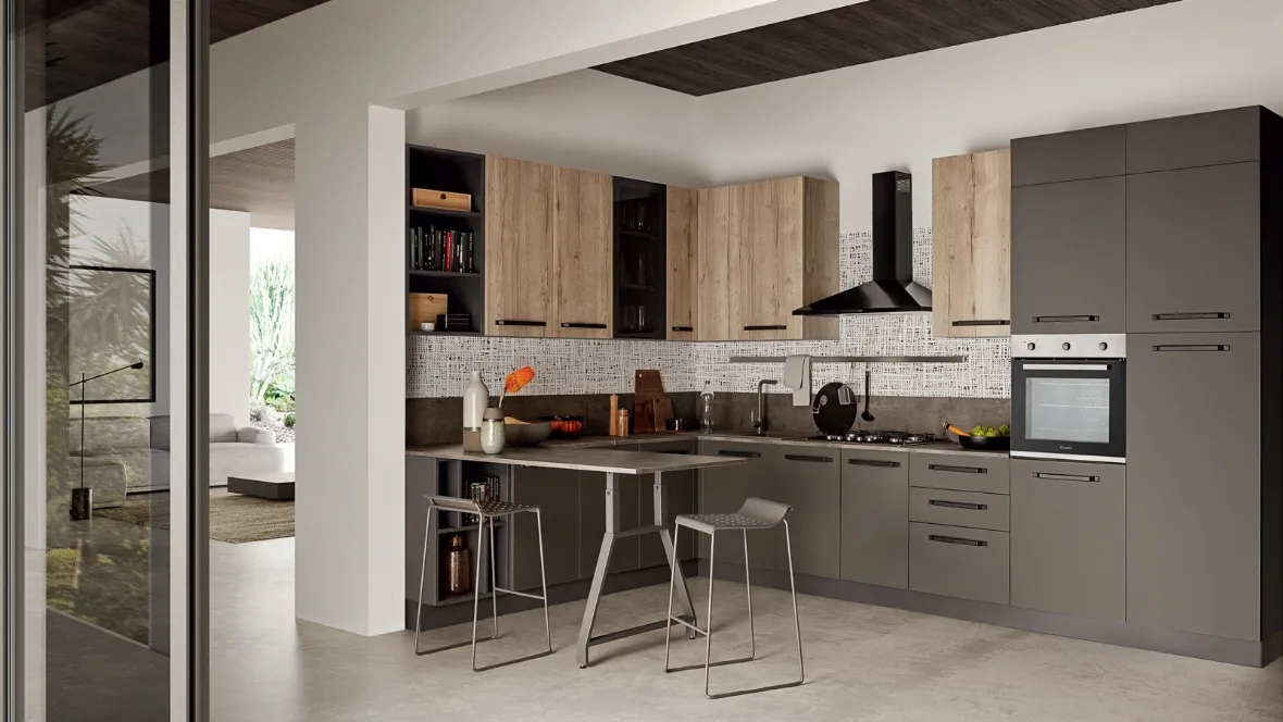 Cucina Moderna ad angolo in laccato opaco e effetto legno Easy 024 di Ar-due