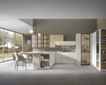Cucina Moderna angolare con penisola in rovere naturale e finitura bianca Eclettica 02 di Scandola