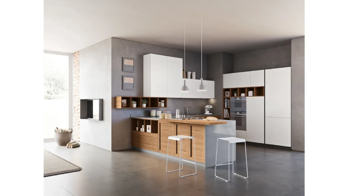 Cucina Moderna con penisola Intesa 003 in laccato bianco e rovere di Ar-due