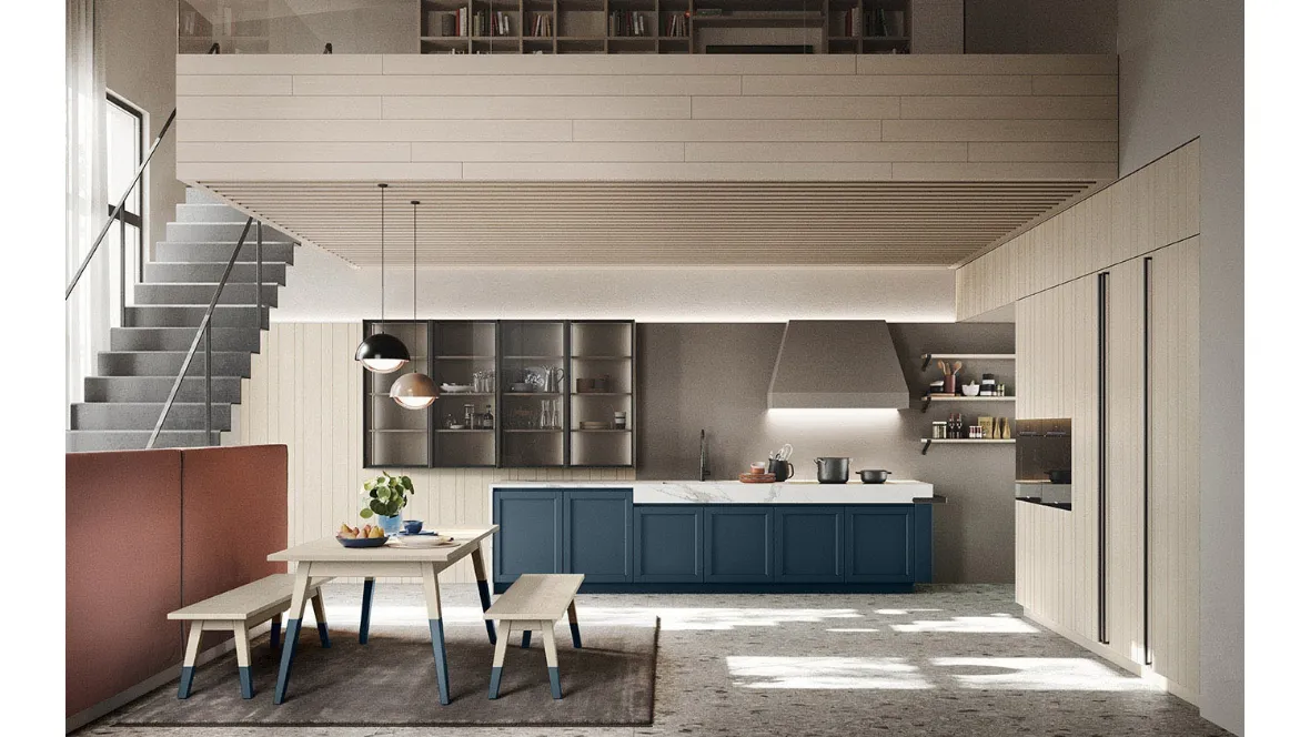 Cucina Moderna in legno finitura Denim con top in HPL Calacatta Maestrale M06 di Scandola