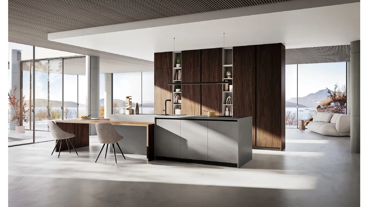 Cucina Moderna con isola Q01 001 effetto legno e effetto pietra di Ar-due