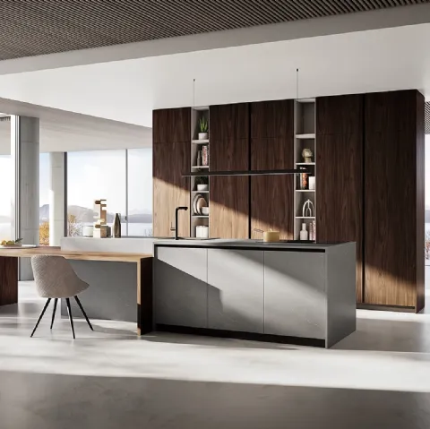 Cucina Moderna con isola Q01 001 effetto legno e effetto pietra di Ar-due