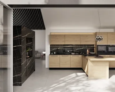 Cucina Moderna con penisola Q01 008 in rovere e effetto marmo di Ar-due