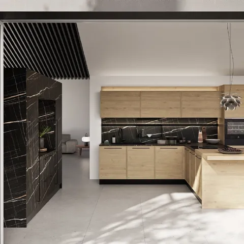 Cucina Moderna con penisola Q01 008 in rovere e effetto marmo di Ar-due